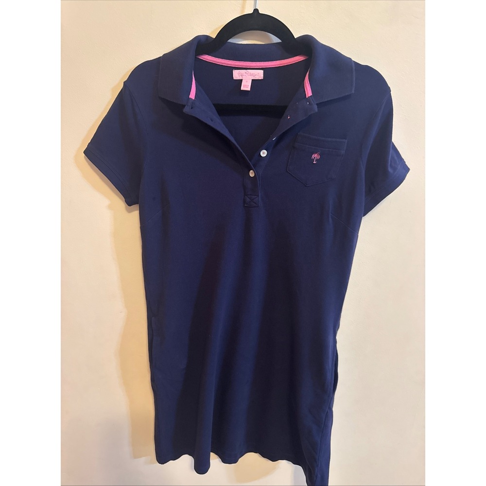 Lilly Pulitzer Navy Blue Polo Dress S Pink Palm Tree Logo Pique Mini Shrt Sleeve